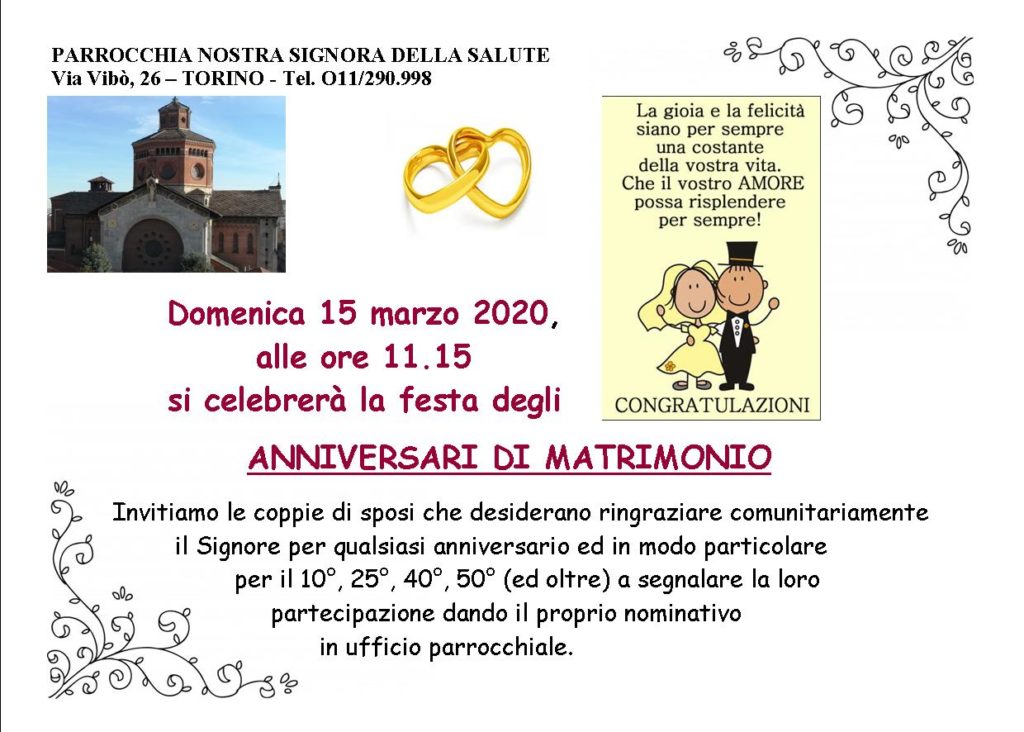 Anniversario Matrimonio Torino.Anniversari Matrimoni Nostra Signora Della Salute Torino